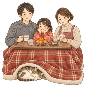 こたつで過ごす家族三人の水彩イラスト｜年越し・大晦日の無料素材 104655