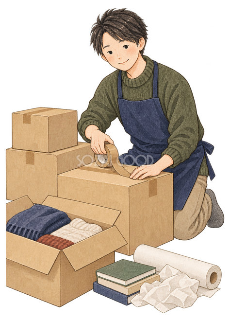 年末の荷物をまとめる男性イラスト