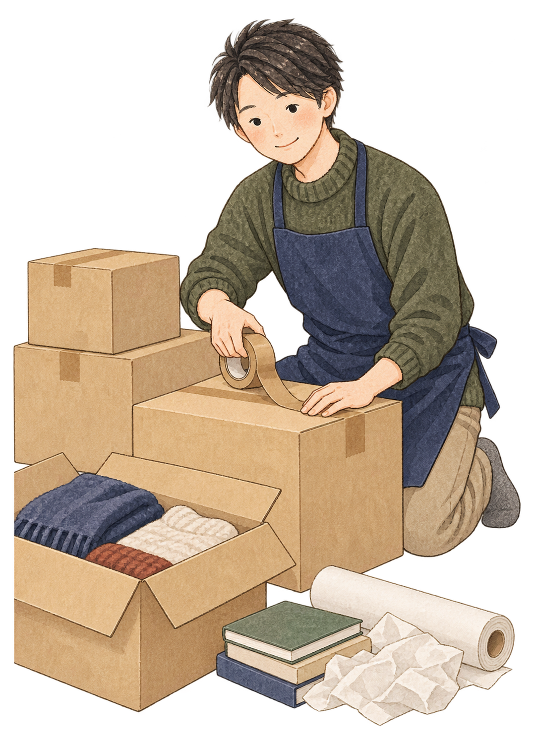 年末の荷物をまとめる男性の水彩イラスト｜年越し・大晦日の無料素材 104658に写真・文字を入れる