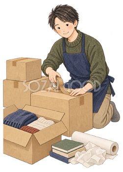 年末の荷物をまとめる男性の水彩イラスト｜年越し・大晦日の無料素材 104658