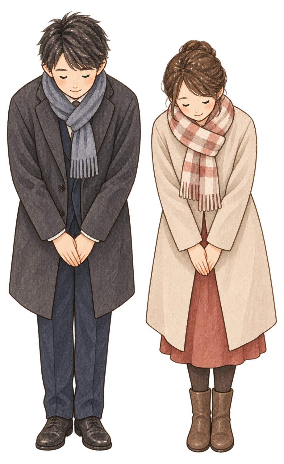 年末の挨拶でお辞儀する男女二人の水彩イラスト｜年越し・大晦日の無料素材 104664に写真・文字を入れる