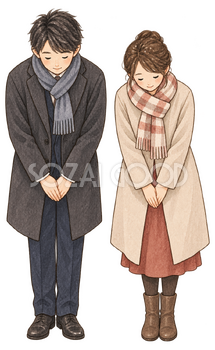 年末の挨拶でお辞儀する男女二人の水彩イラスト｜年越し・大晦日の無料素材 104664