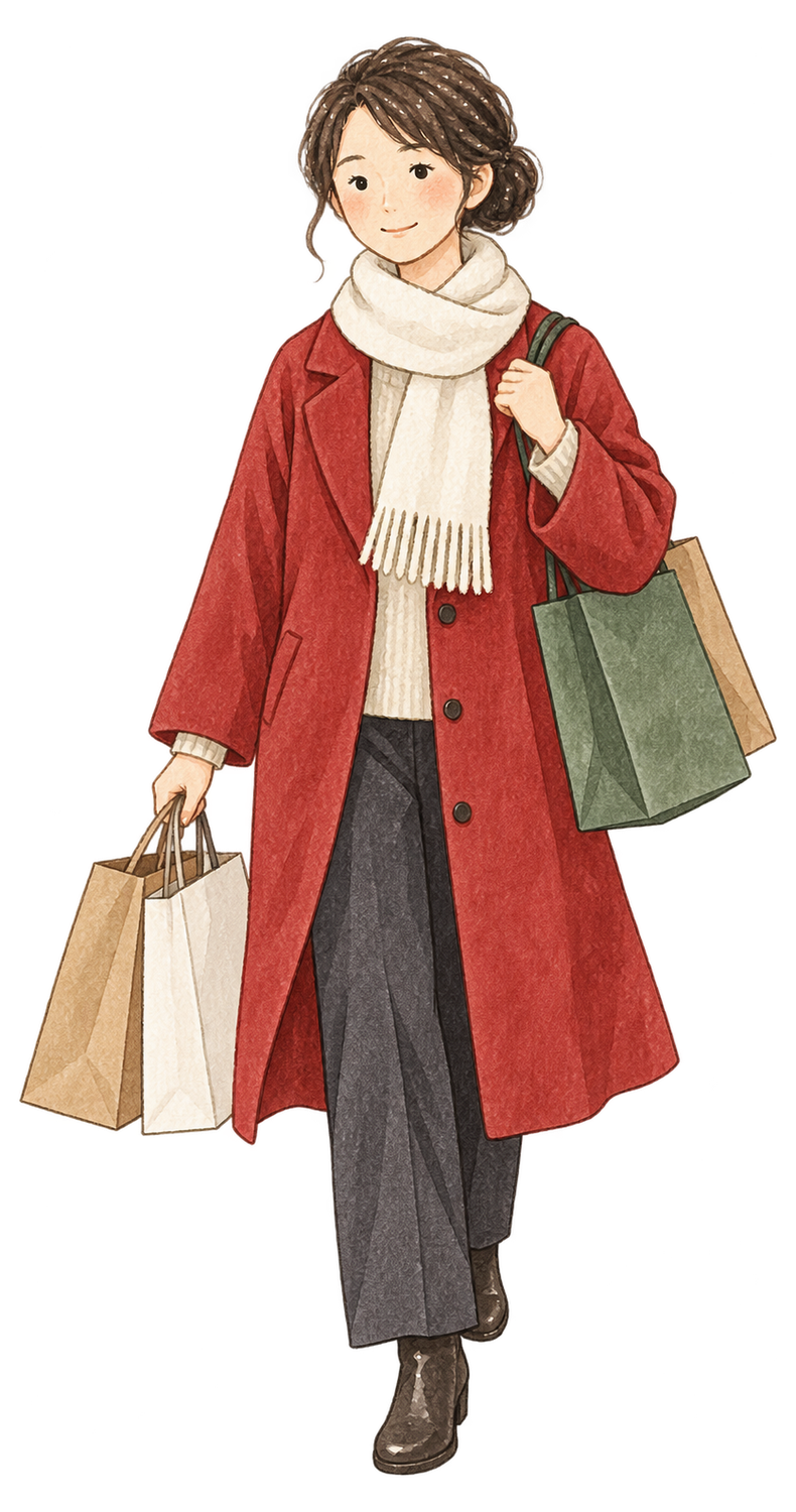 歳末の買い物をする女性の水彩イラスト｜年越し・大晦日の無料素材 104666に写真・文字を入れる