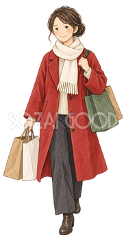 歳末の買い物をする女性の水彩イラスト｜年越し・大晦日の無料素材 104666