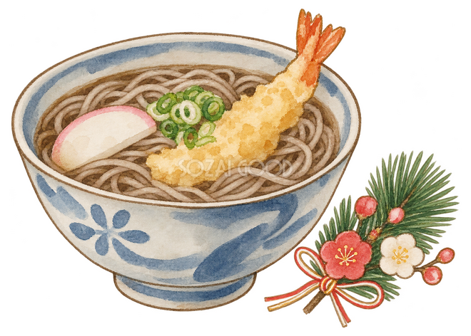 年越しそばと小さな松梅の飾りイラスト