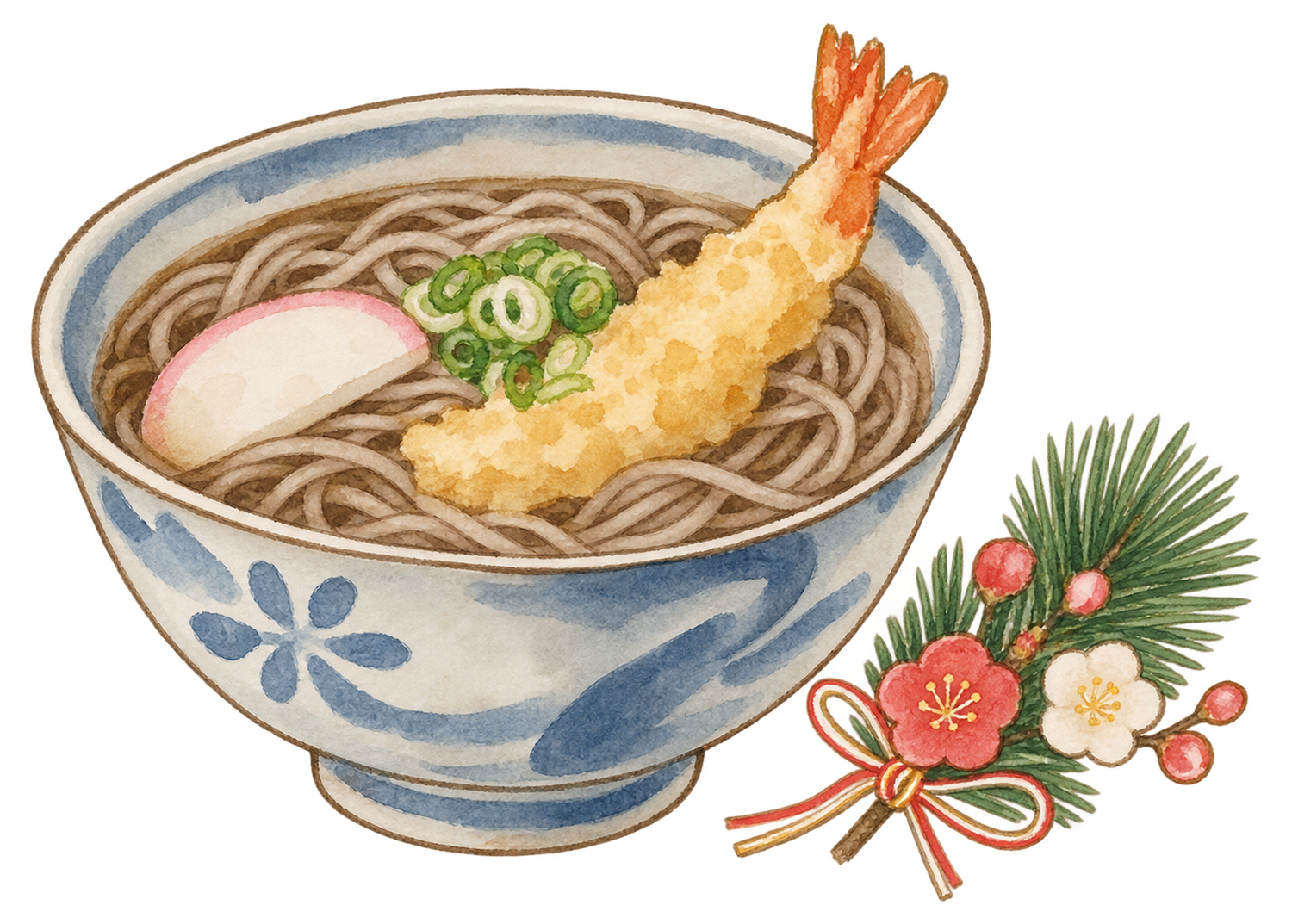 年越しそばと小さな松梅の飾りの水彩イラスト｜年越し・大晦日の無料素材 104667に写真・文字を入れる