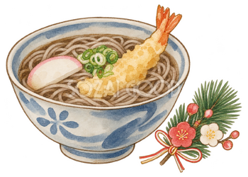 年越しそばと小さな松梅の飾りの水彩イラスト｜年越し・大晦日の無料素材 104667