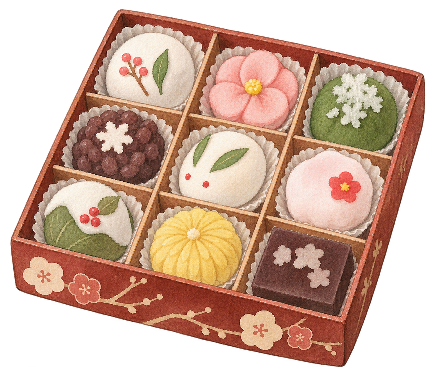 冬の和菓子の詰め合わせの水彩イラスト｜お歳暮・冬の贈り物の無料素材 104674に写真・文字を入れる