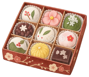 冬の和菓子の詰め合わせの水彩イラスト｜お歳暮・冬の贈り物の無料素材 104674