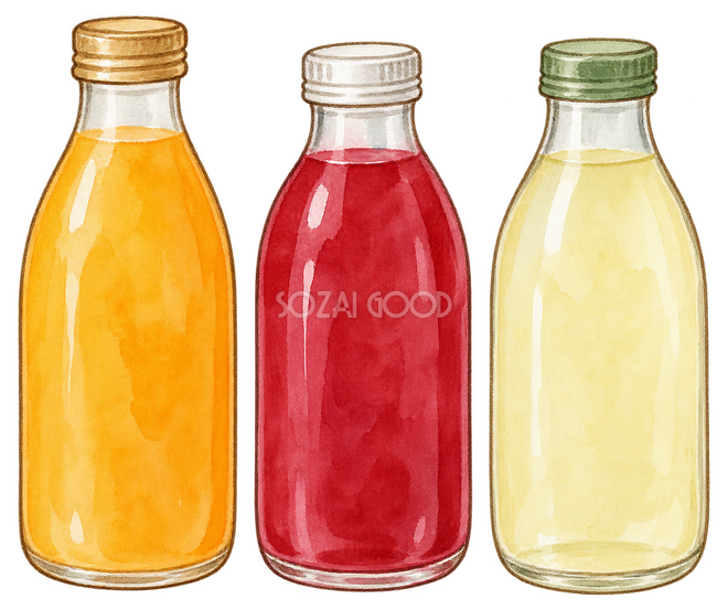 無地の瓶入り飲料三本イラスト