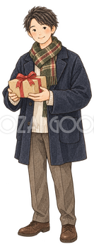 贈り物を受け取る男性の水彩イラスト｜お歳暮・冬の贈り物の無料素材 104682