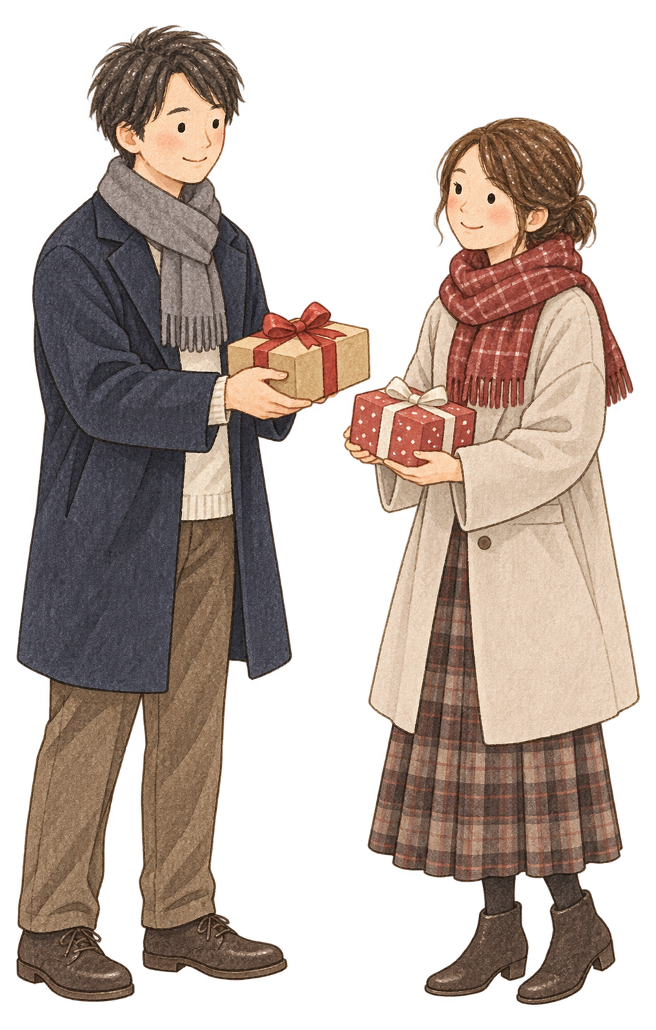 贈り物を交換する成人男女二人の水彩イラスト｜お歳暮・冬の贈り物の無料素材 104683に写真・文字を入れる