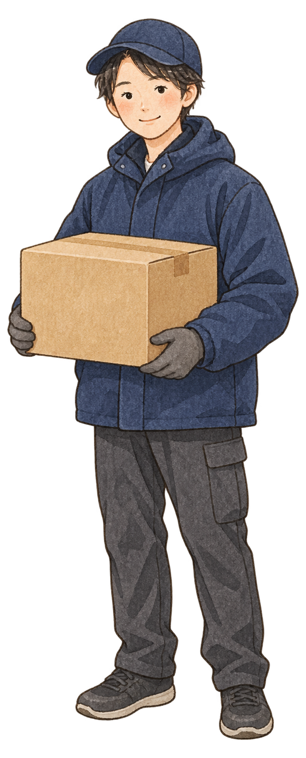 荷物を届ける配達員の水彩イラスト｜お歳暮・冬の贈り物の無料素材 104684に写真・文字を入れる