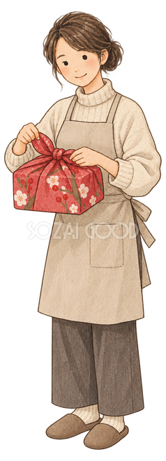 贈答品を包む女性イラスト