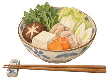 鍋の取り皿と箸の水彩イラスト｜忘年会の無料素材 104694