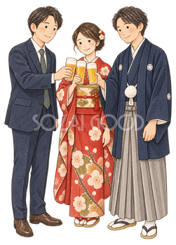乾杯する成人男女三人の水彩イラスト｜忘年会の無料素材 104695