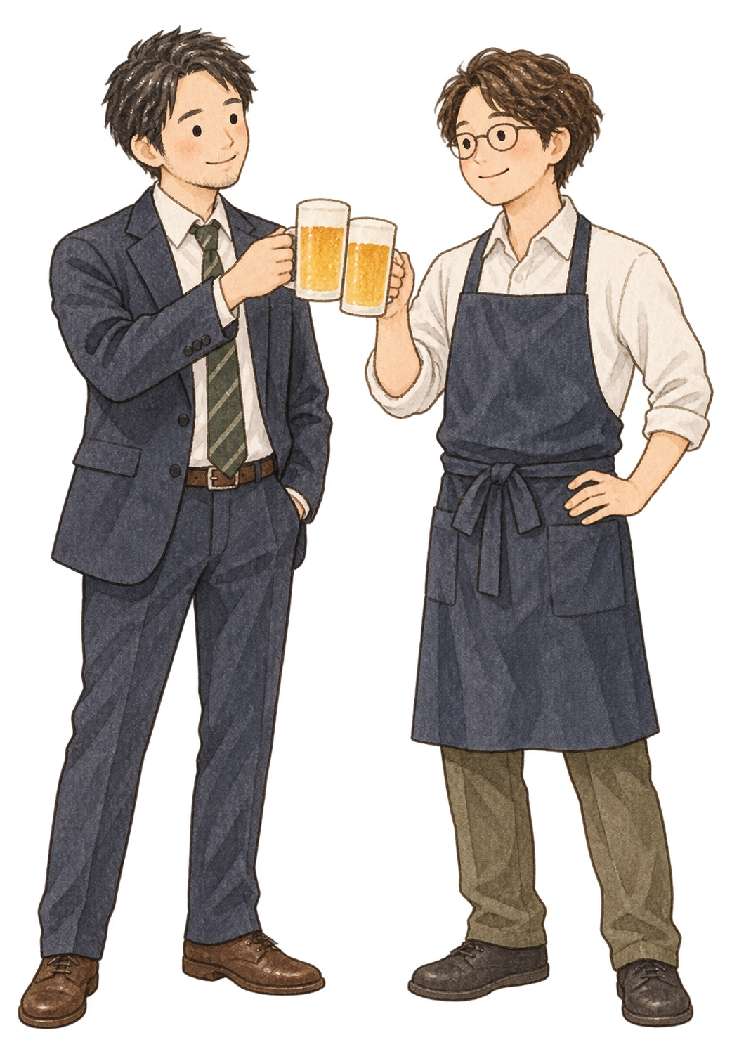 乾杯する成人男性二人の水彩イラスト｜忘年会の無料素材 104697に写真・文字を入れる