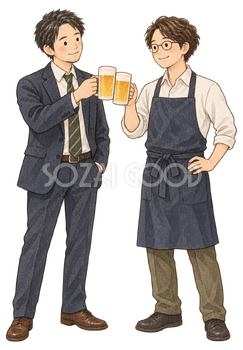 乾杯する成人男性二人の水彩イラスト｜忘年会の無料素材 104697