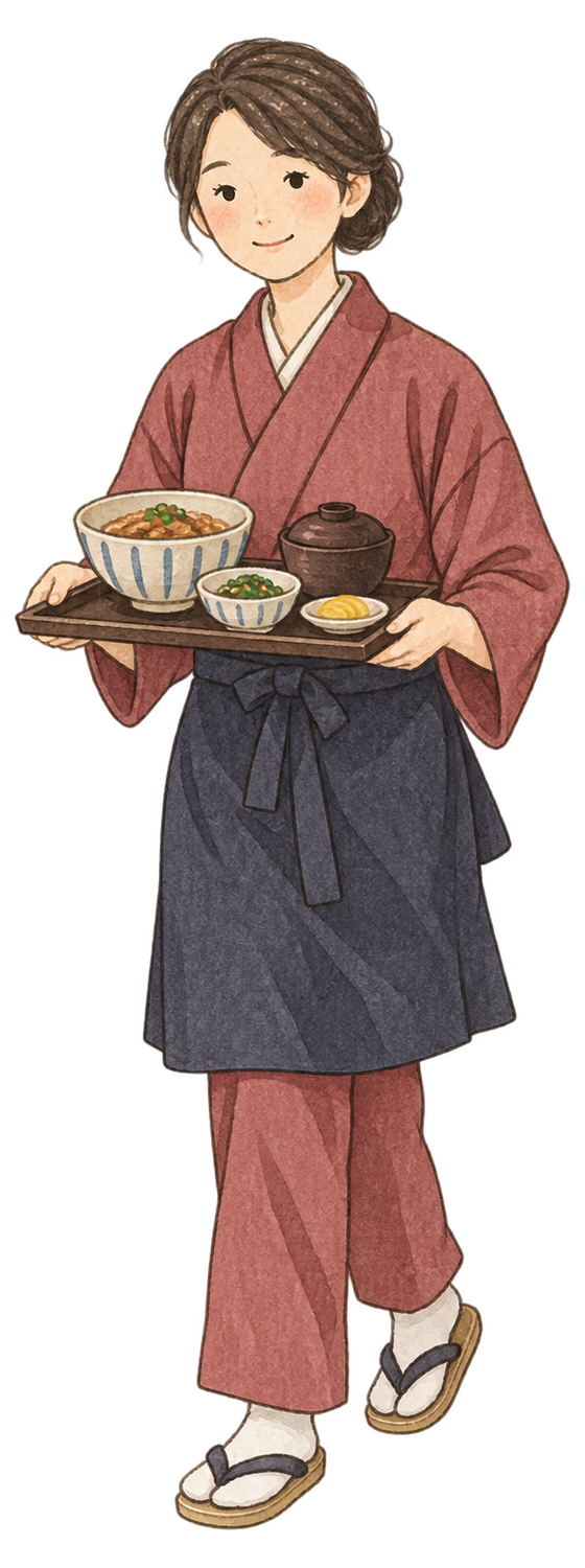 料理を運ぶ店員女性の水彩イラスト｜忘年会の無料素材 104698に写真・文字を入れる