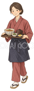 料理を運ぶ店員女性の水彩イラスト｜忘年会の無料素材 104698