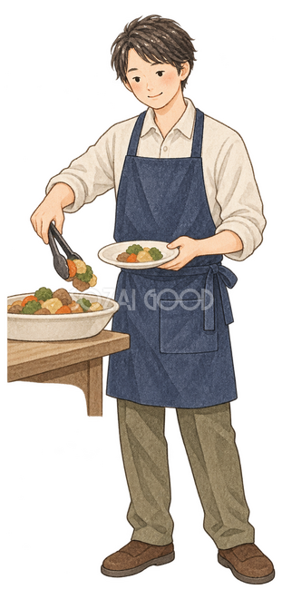 料理を取り分ける成人男性イラスト