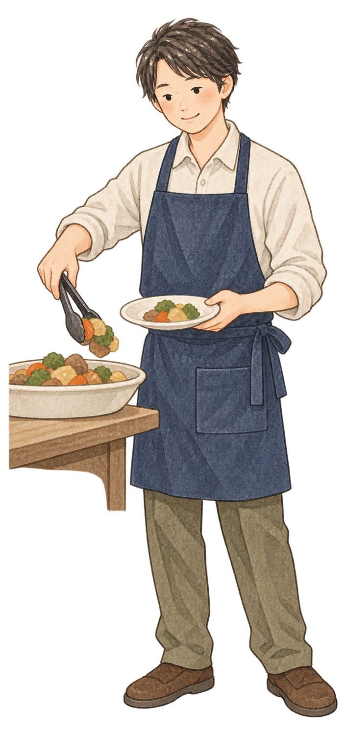 料理を取り分ける成人男性の水彩イラスト｜忘年会の無料素材 104699に写真・文字を入れる