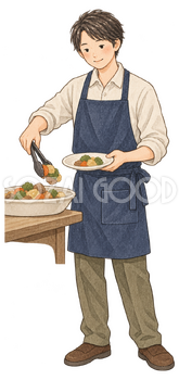 料理を取り分ける成人男性の水彩イラスト｜忘年会の無料素材 104699