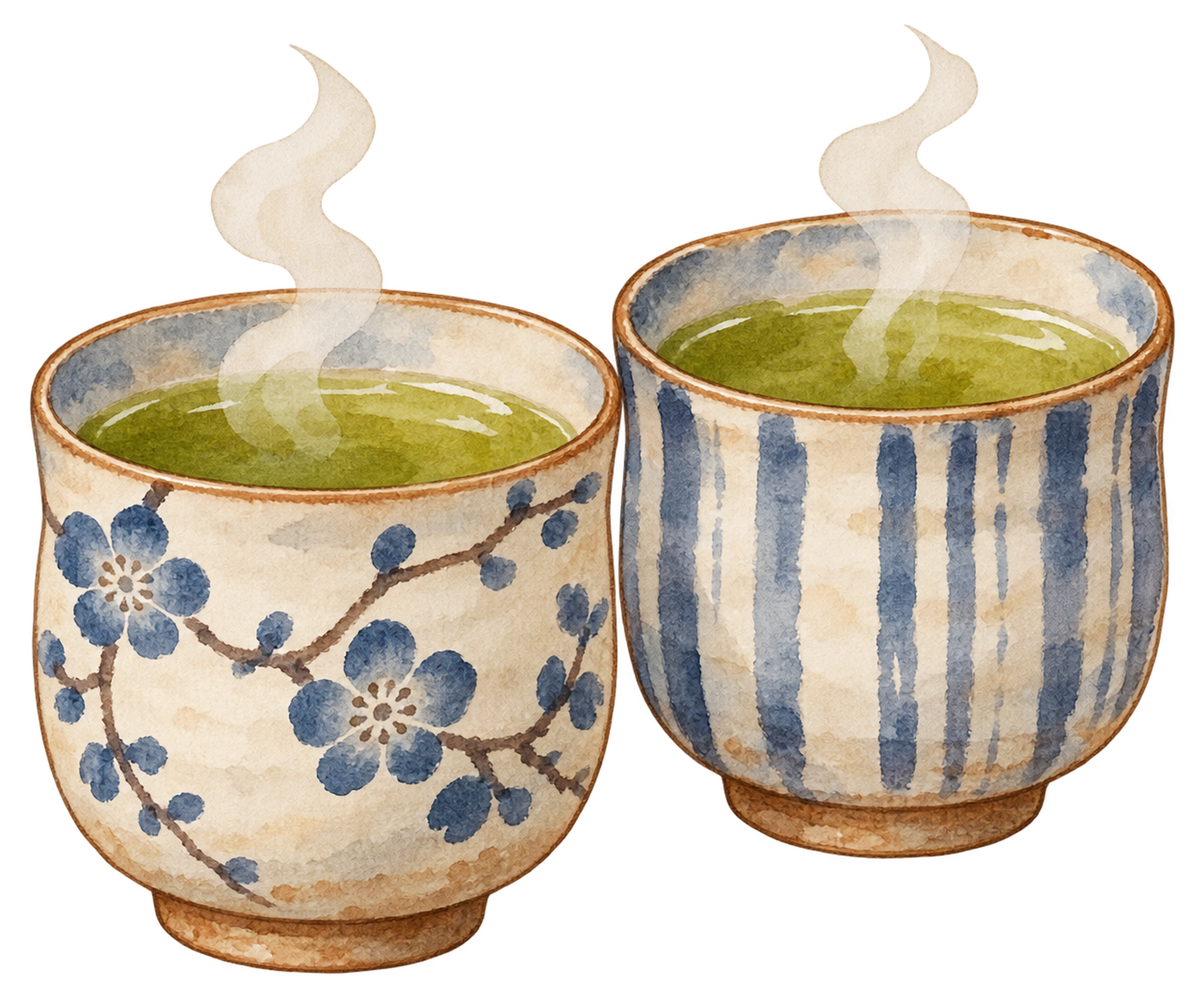 温かいお茶の湯飲み二つの水彩イラスト｜忘年会の無料素材 104700に写真・文字を入れる