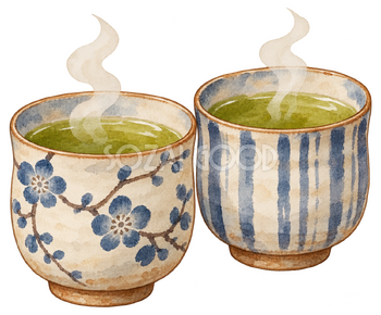 温かいお茶の湯飲み二つの水彩イラスト｜忘年会の無料素材 104700