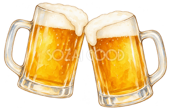 ビールのジョッキ二つの水彩イラスト｜忘年会の無料素材 104701