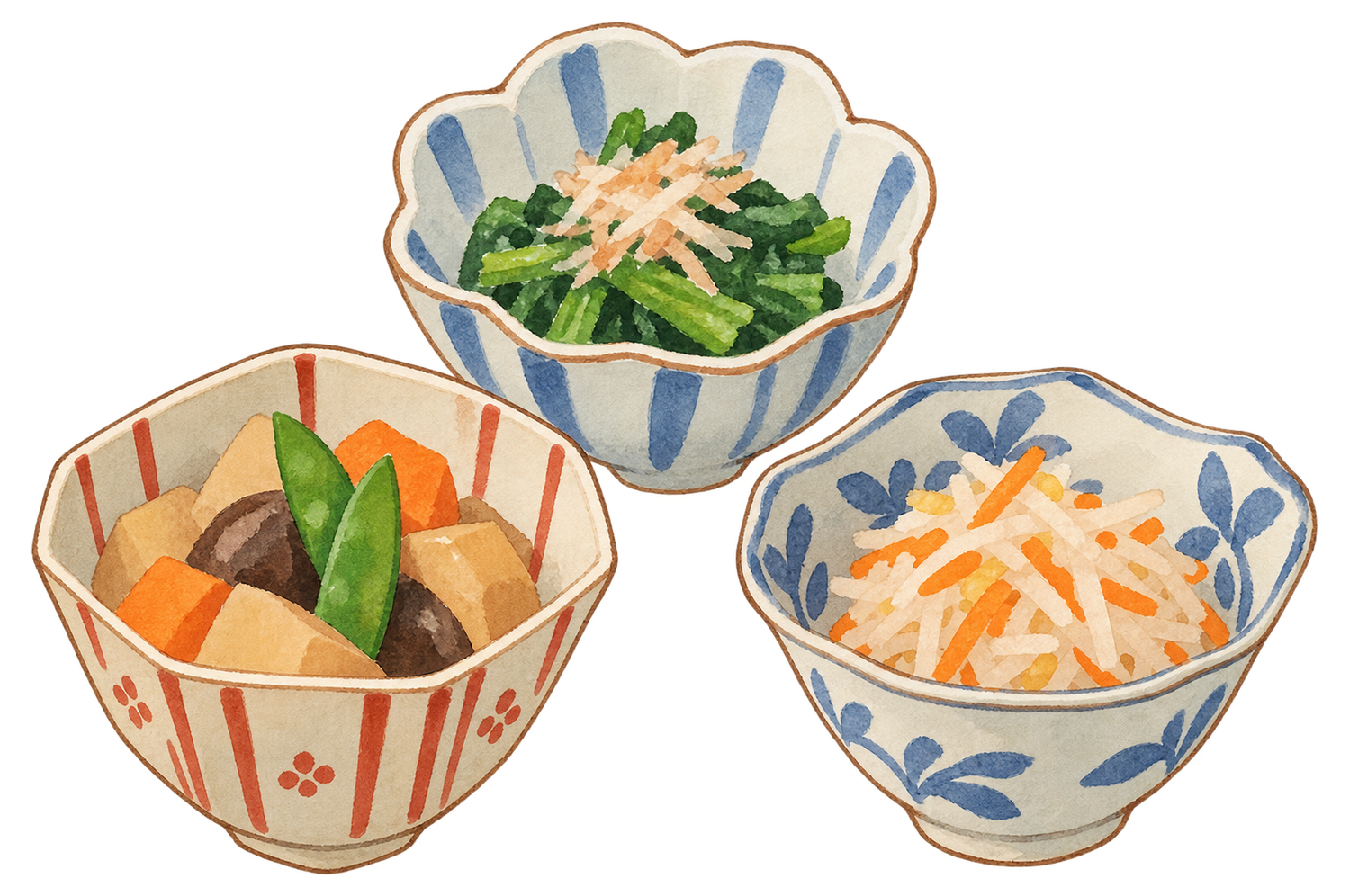小鉢料理三品の水彩イラスト｜忘年会の無料素材 104707に写真・文字を入れる