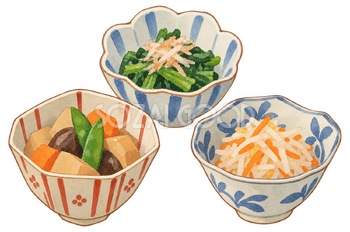 小鉢料理三品の水彩イラスト｜忘年会の無料素材 104707