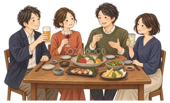 食卓を囲む成人の友人四人イラスト