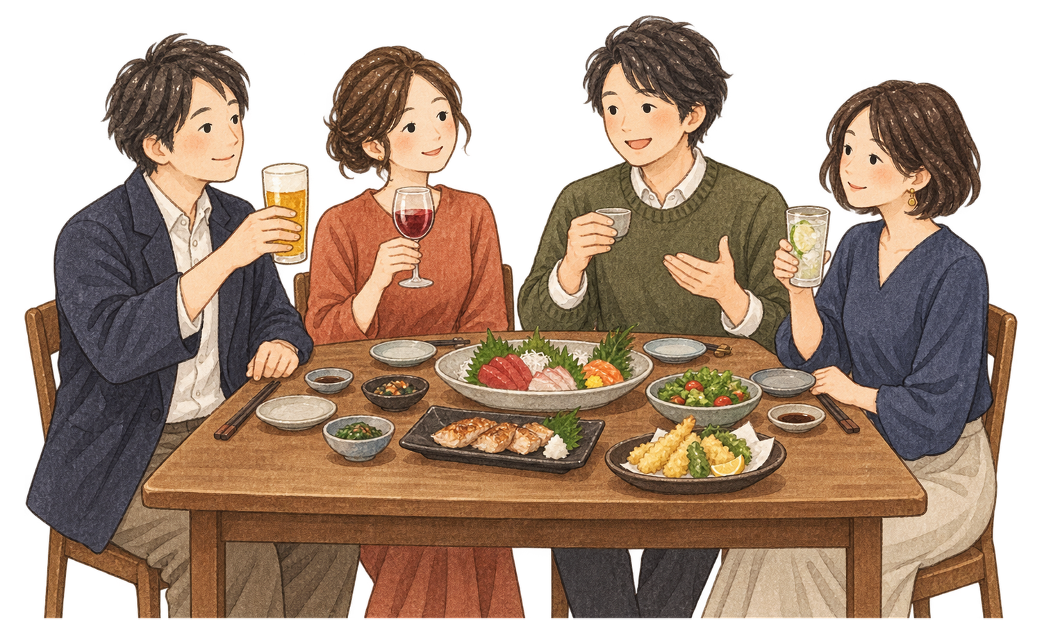 食卓を囲む成人の友人四人の水彩イラスト｜忘年会の無料素材 104708に写真・文字を入れる