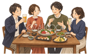 食卓を囲む成人の友人四人の水彩イラスト｜忘年会の無料素材 104708