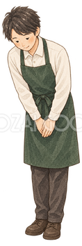 お辞儀する男性店員の水彩イラスト｜年末年始の営業案内の無料素材 104714
