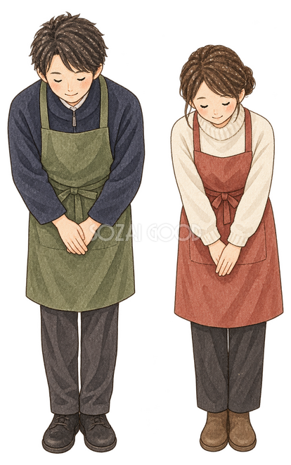 お辞儀する店員男女二人イラスト