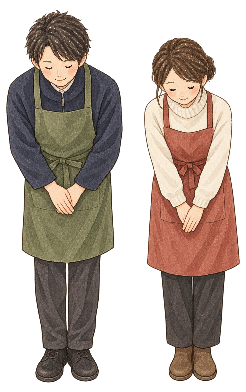 お辞儀する店員男女二人の水彩イラスト｜年末年始の営業案内の無料素材 104715に写真・文字を入れる