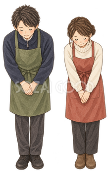 お辞儀する店員男女二人の水彩イラスト｜年末年始の営業案内の無料素材 104715