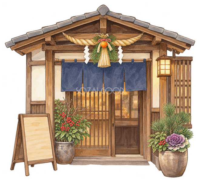しめ縄飾りのある一般的なお店の入口イラスト