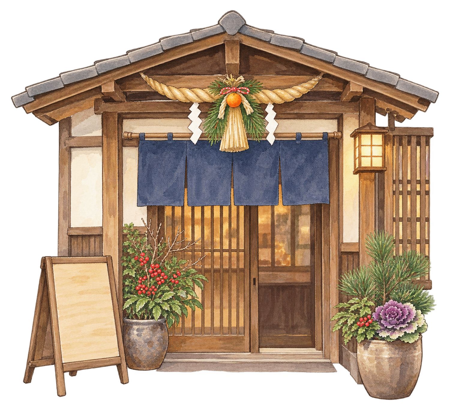 しめ縄飾りのある一般的なお店の入口の水彩イラスト｜年末年始の営業案内の無料素材 104718に写真・文字を入れる