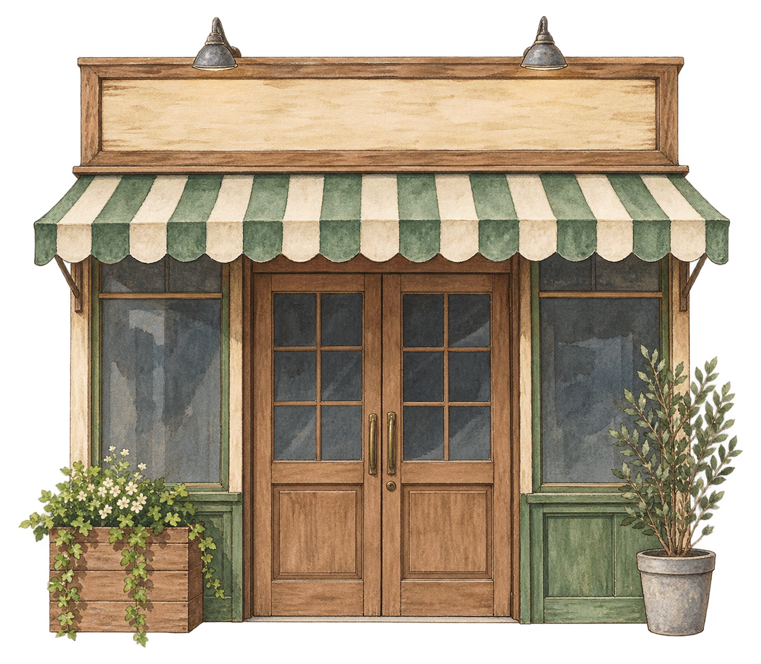 閉じた一般的なお店の入口の水彩イラスト｜年末年始の営業案内の無料素材 104719に写真・文字を入れる