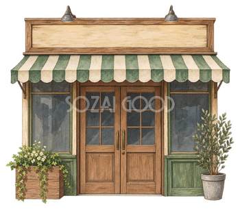 閉じた一般的なお店の入口の水彩イラスト｜年末年始の営業案内の無料素材 104719