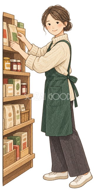 商品棚を整える女性店員イラスト