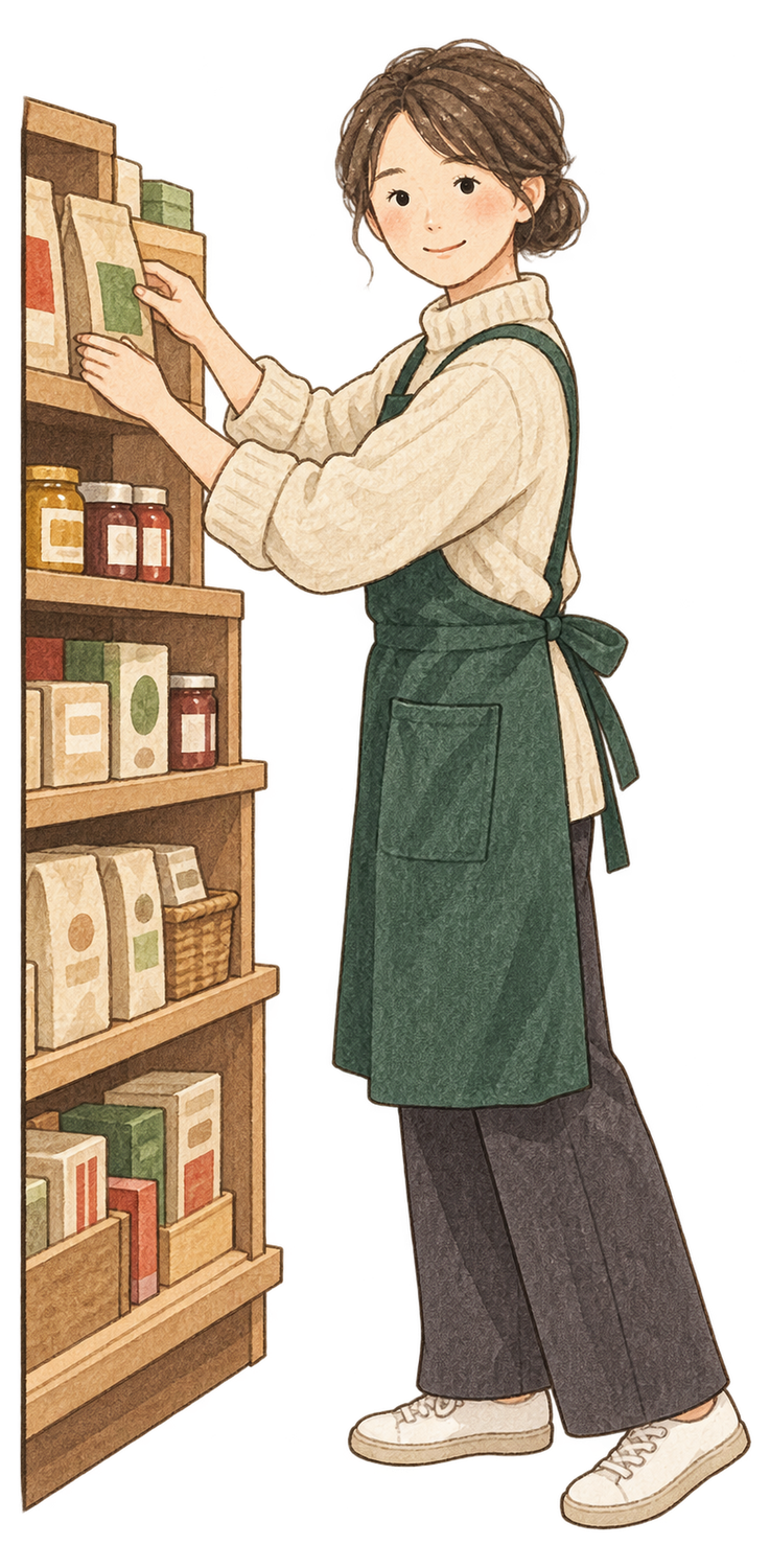 商品棚を整える女性店員の水彩イラスト｜年末年始の営業案内の無料素材 104720に写真・文字を入れる