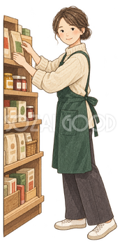 商品棚を整える女性店員の水彩イラスト｜年末年始の営業案内の無料素材 104720