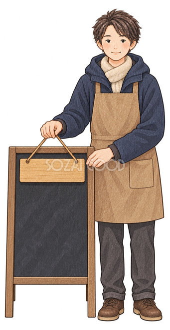 開店の準備をする男性店員イラスト