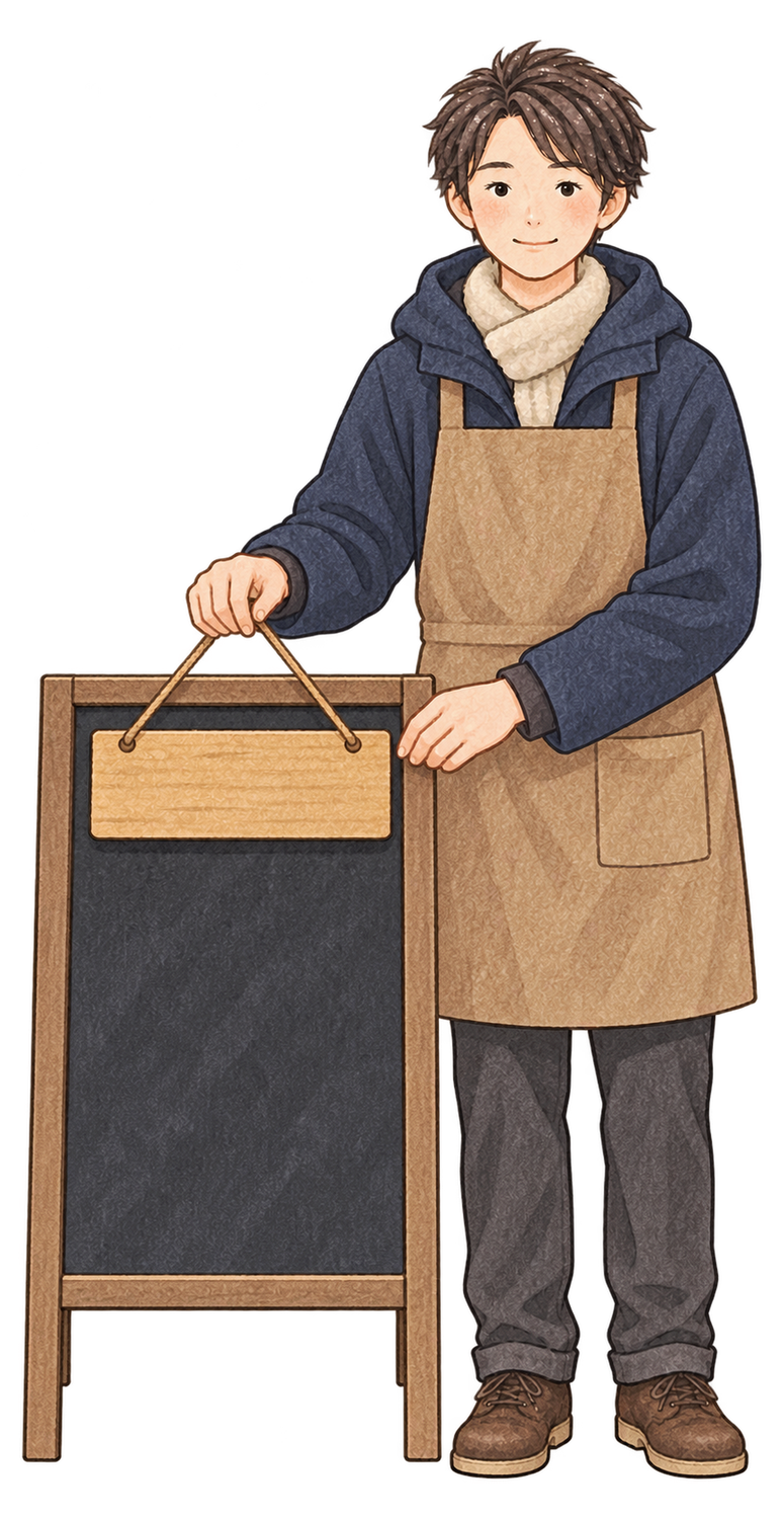 開店の準備をする男性店員の水彩イラスト｜年末年始の営業案内の無料素材 104721に写真・文字を入れる