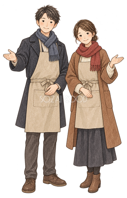 笑顔で迎える店員男女二人イラスト