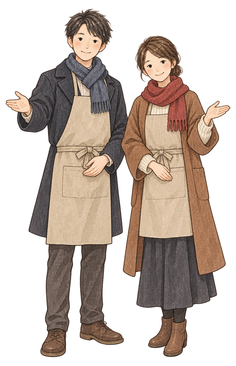 笑顔で迎える店員男女二人の水彩イラスト｜年末年始の営業案内の無料素材 104730に写真・文字を入れる